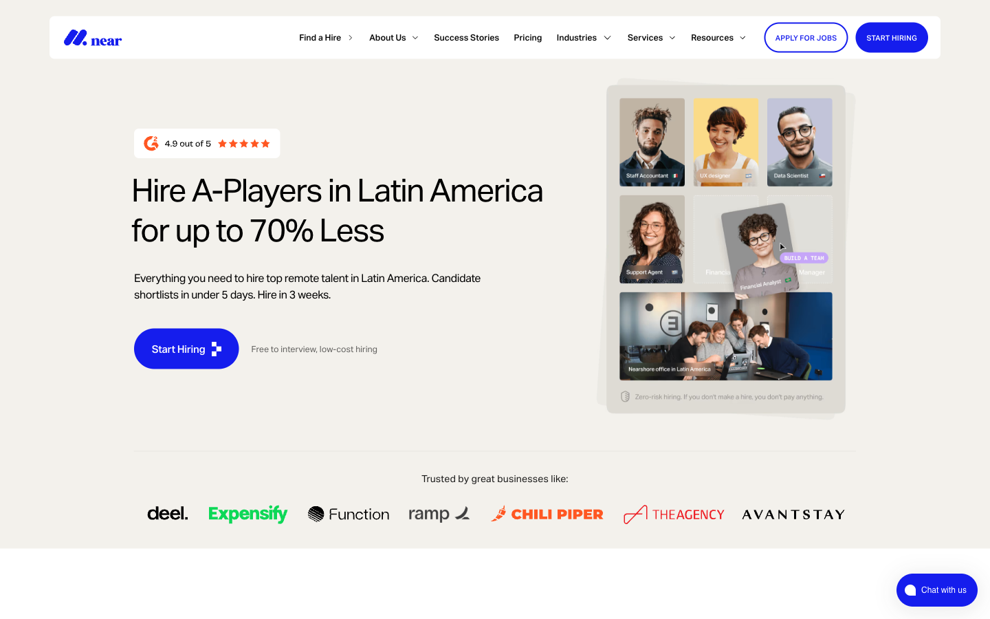 Hire with Near homepage — remote hiring platform.