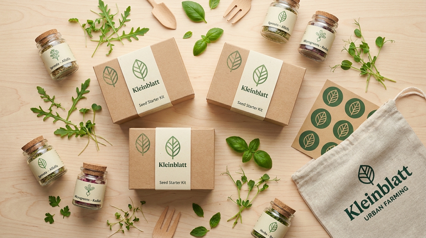 Kleinblatt packaging system — seed packets, mushroom boxes, and labels.