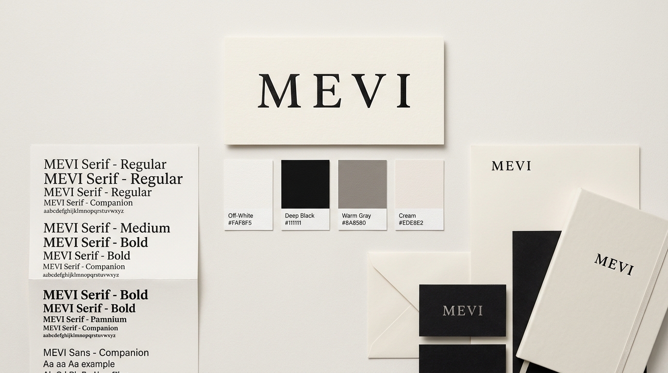 MEVI branding — logo system, Archivo typography, and warm color palette.