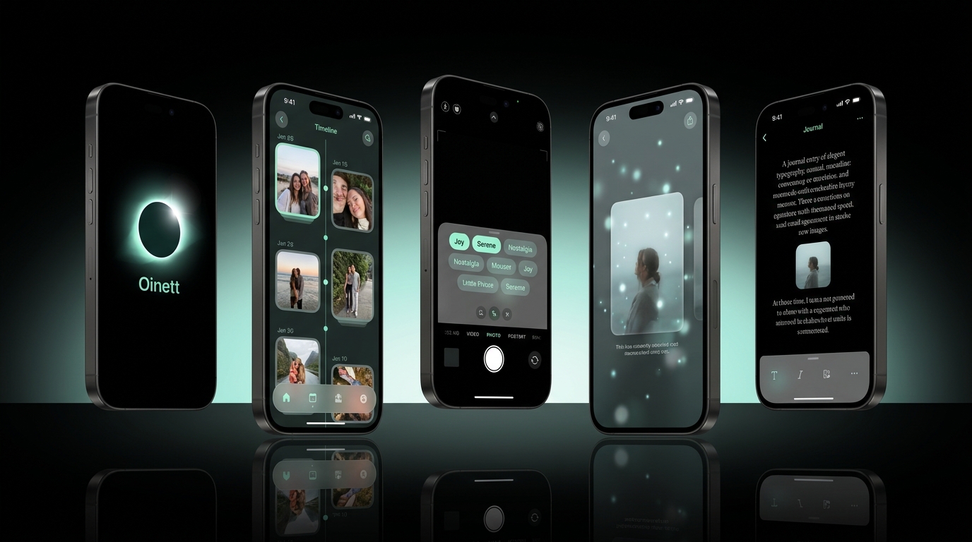 Oinett app screens — home, capture, gallery, and journal.