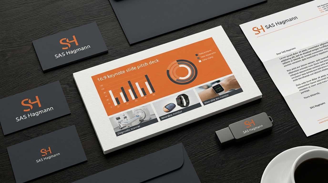 SAS Hagmann pitch deck, business cards, and brand collateral.