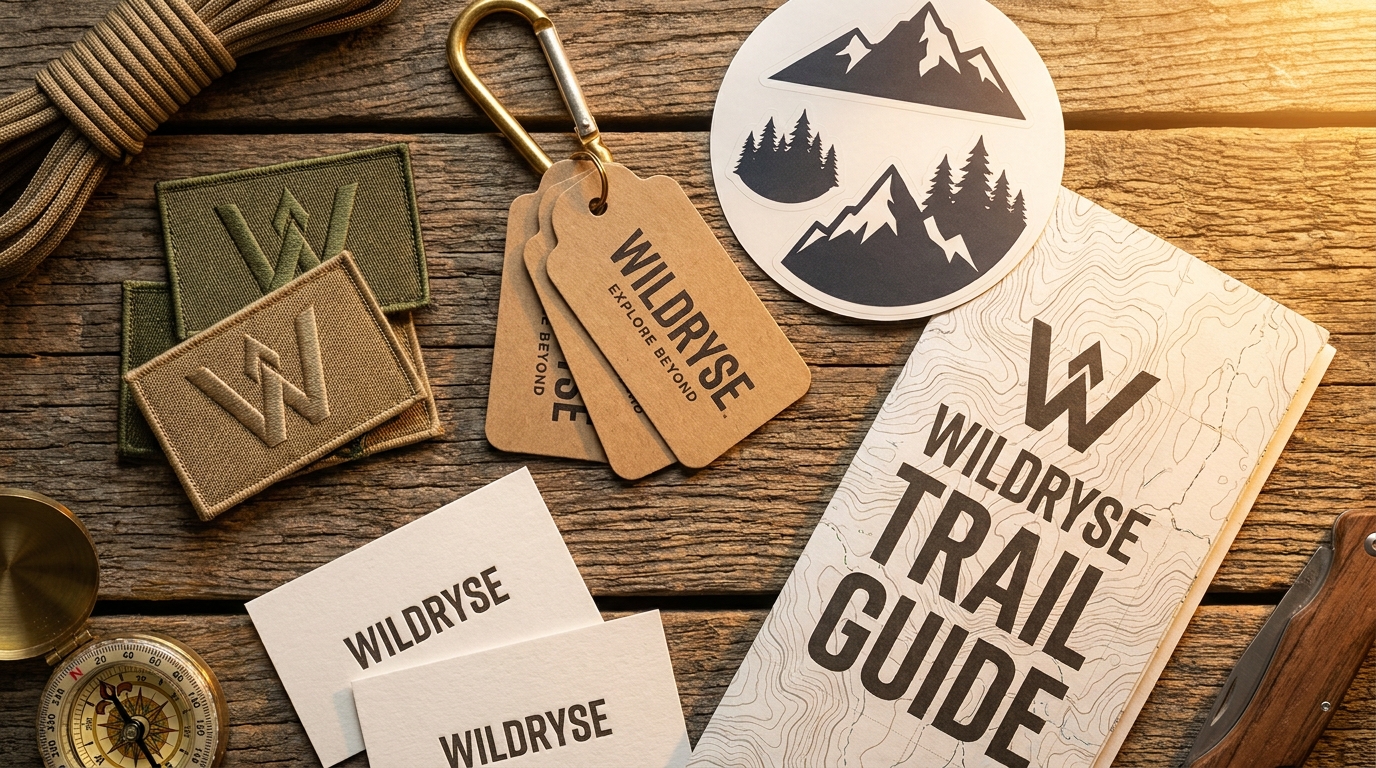 Wildryse brand collateral — hang tags, patches, stickers, and cards.